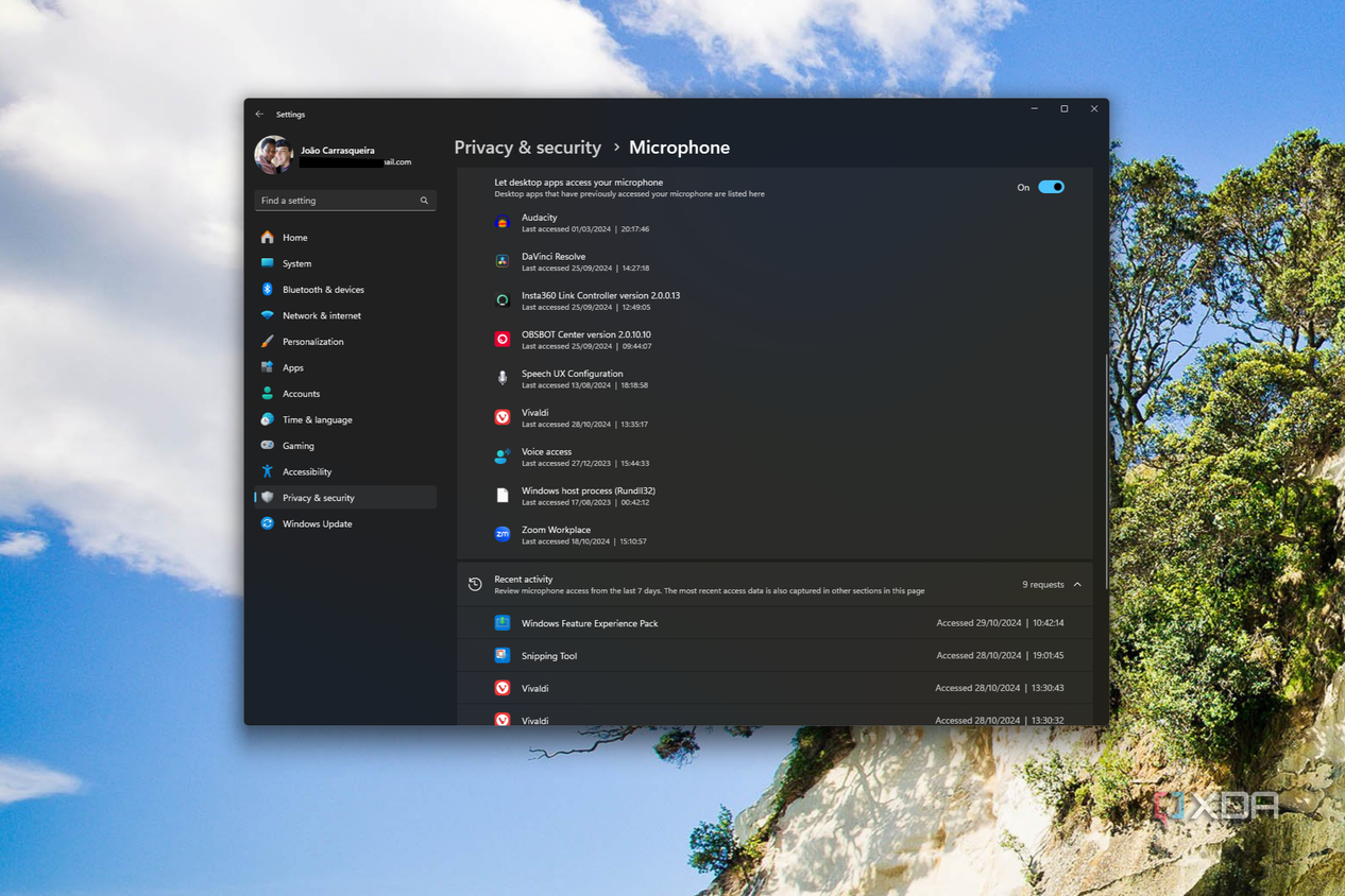 Screenshot of Windows 11 privacy settings showing desktop apps that have accessed the microphone