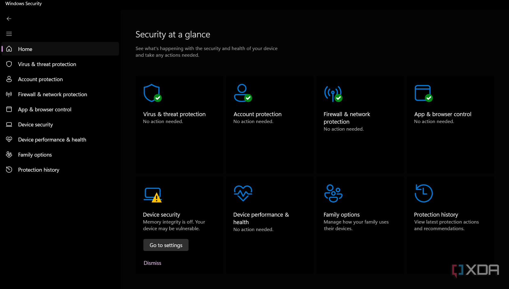 Screenshot showing Windows Security home page