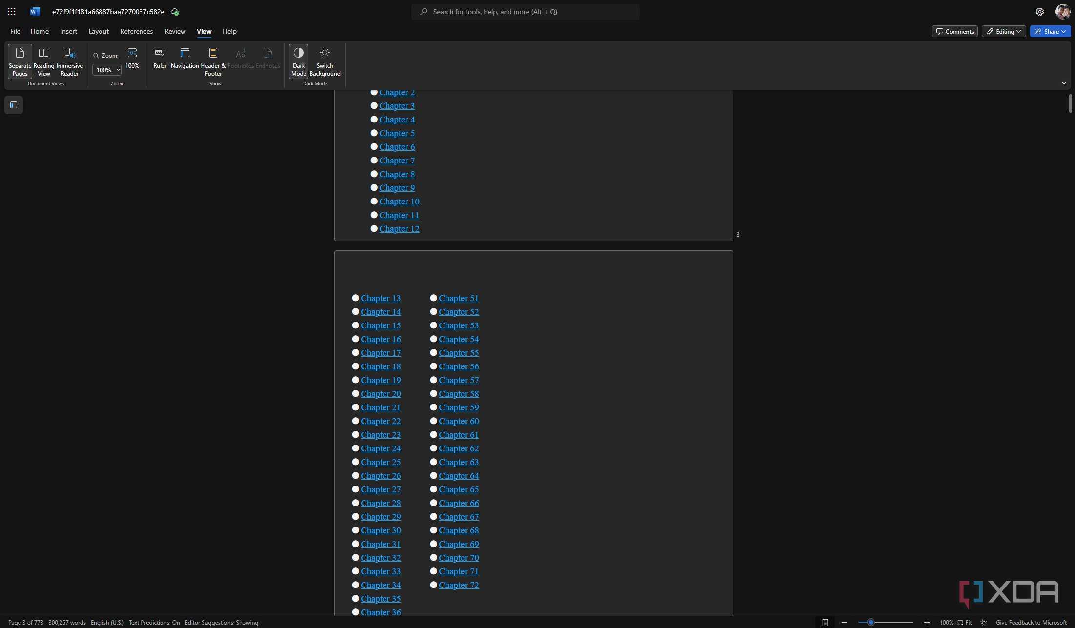 Screenshot of Word for the web with dark mode enabled