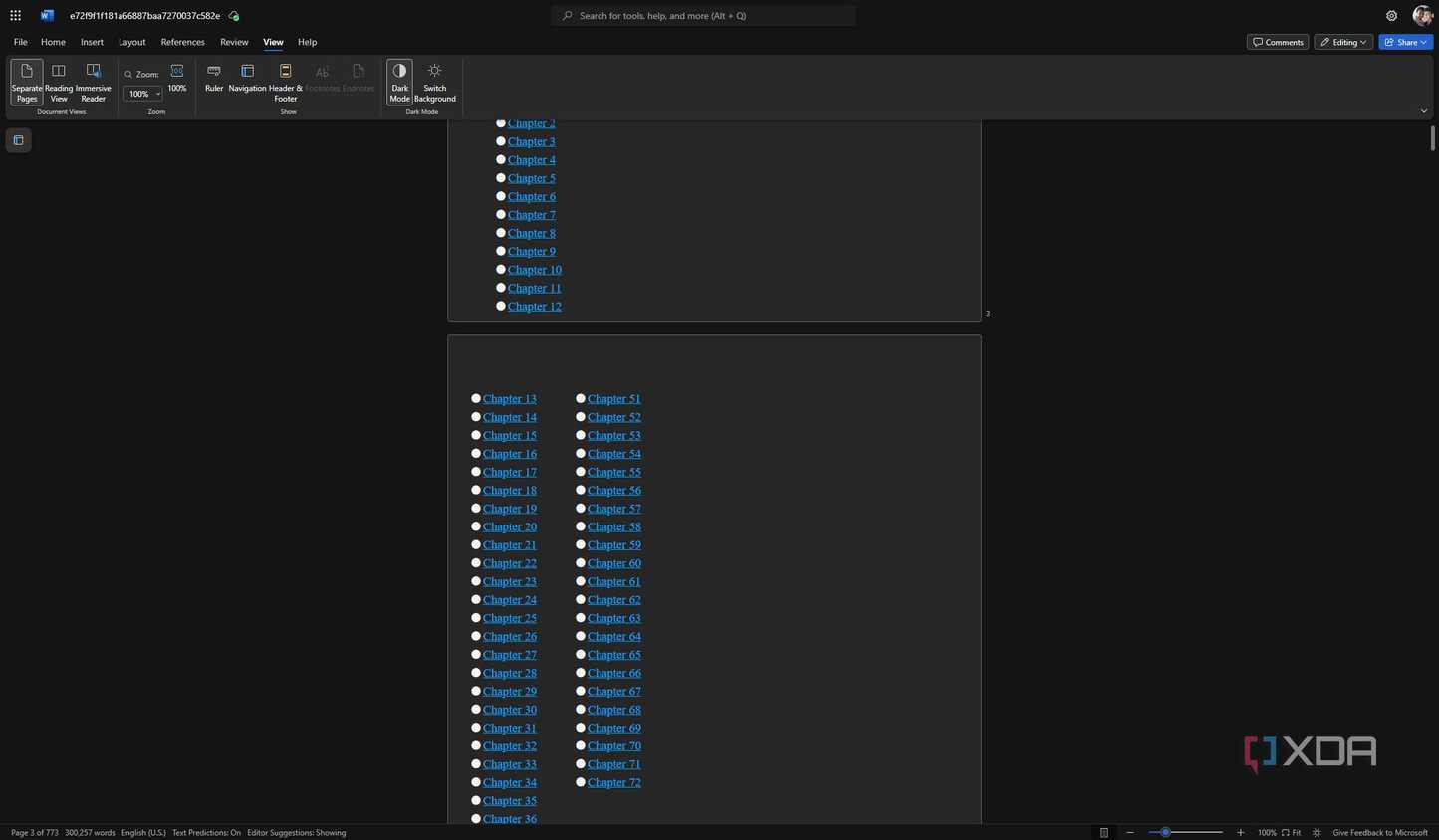 Screenshot of Word for the web with dark mode enabled