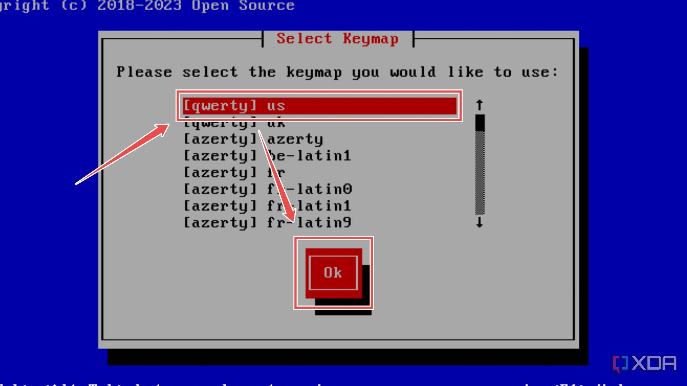 Choosing the keymap on the XCP-ng installation wizard