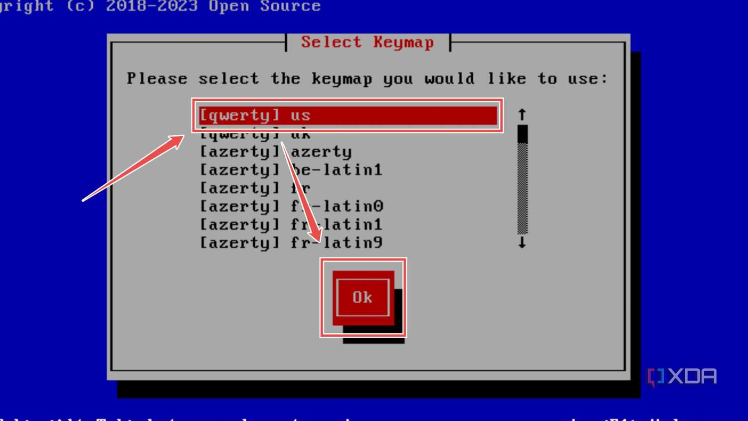 Choosing the keymap on the XCP-ng installation wizard