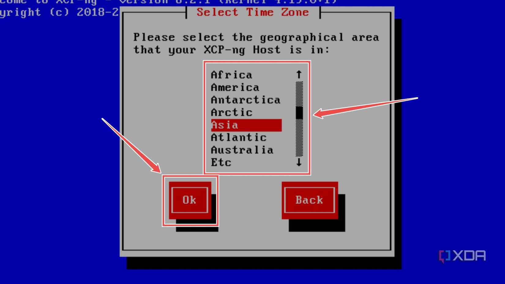 Picking the timezone in the XCP-ng installation wizard