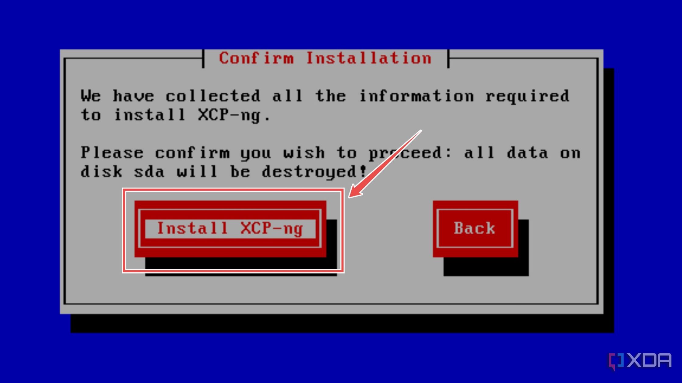 Picking the Install XCP-ng option in the XCP-ng installation wizard