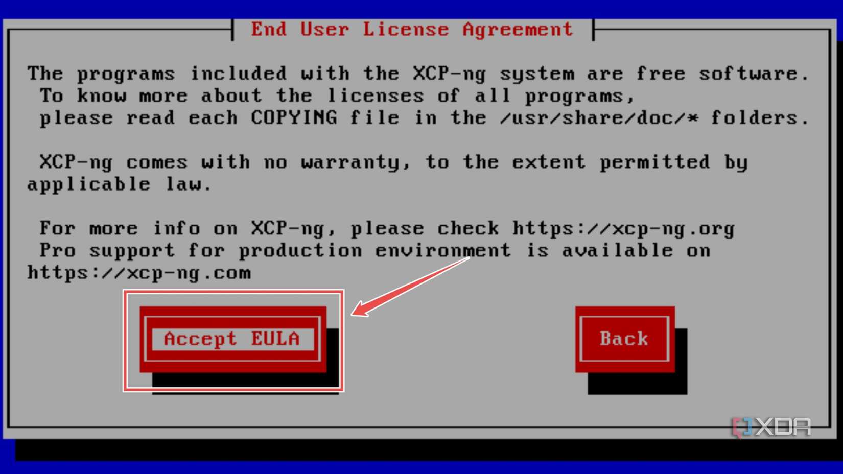Accepting the EULA on the XCP-ng installation wizard