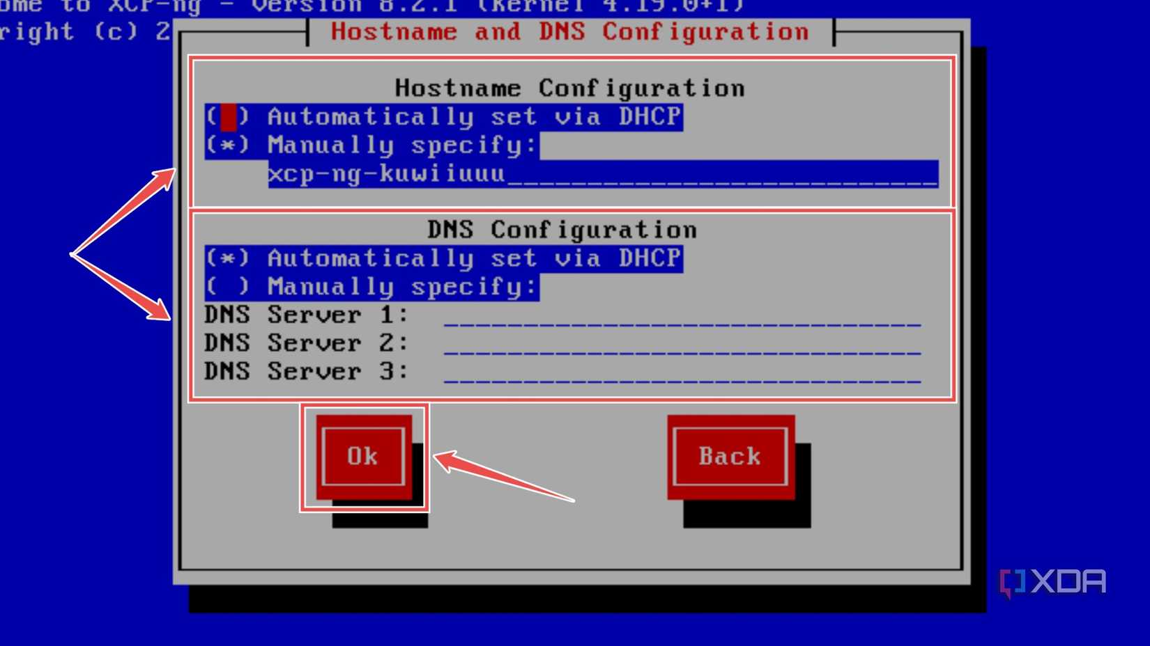 Setting up the Hostname and DNS Configuration at the XCP-ng installation wizard
