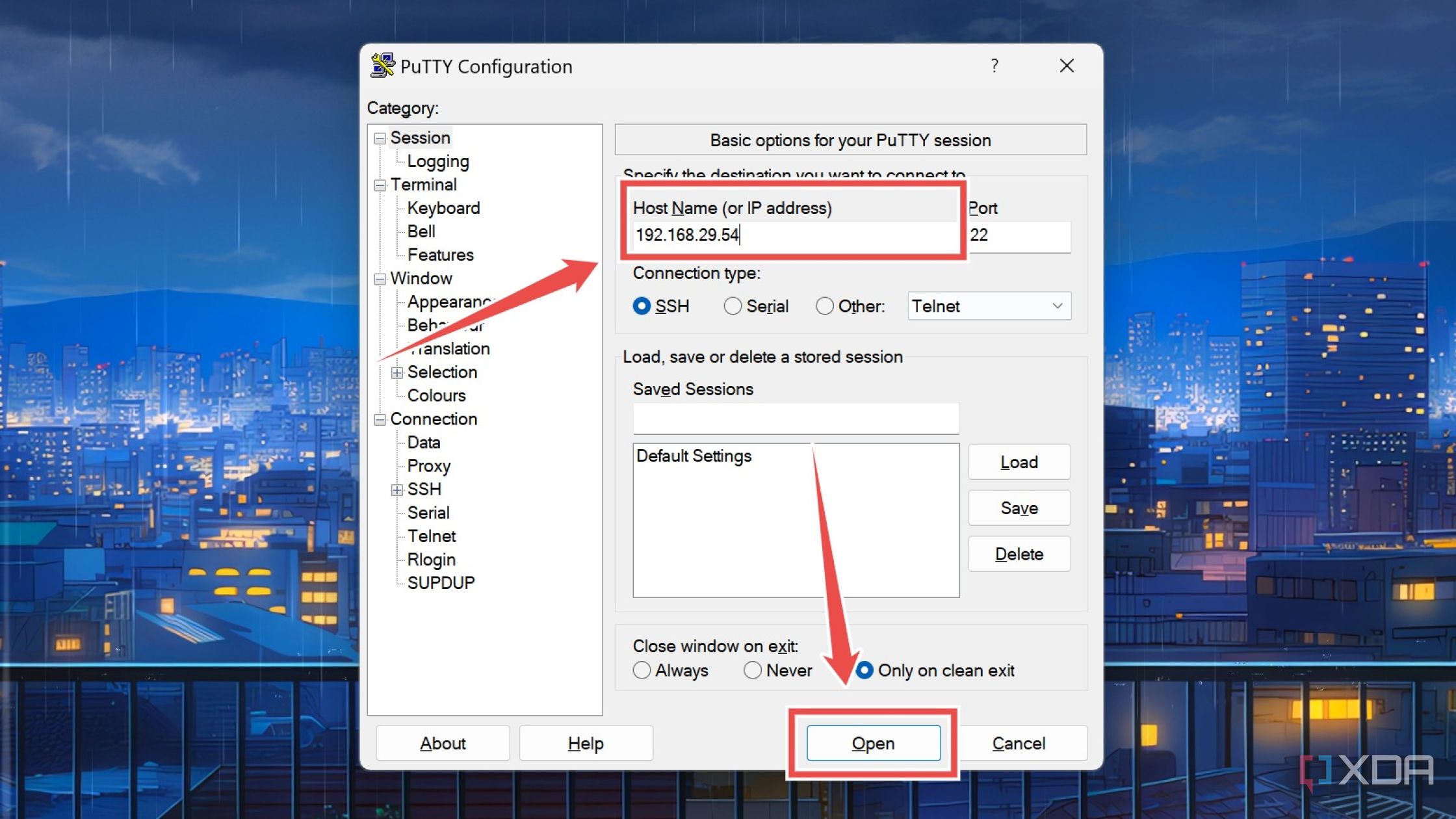 Creating a PuTTY session to log into the XCP-ng host machine