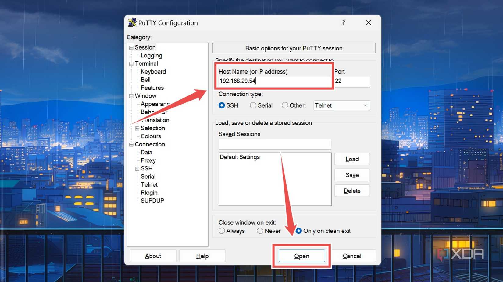 Creating a PuTTY session to log into the XCP-ng host machine