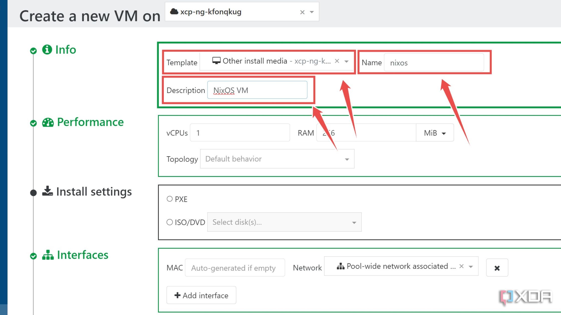 Choosing the template in XCP-ng