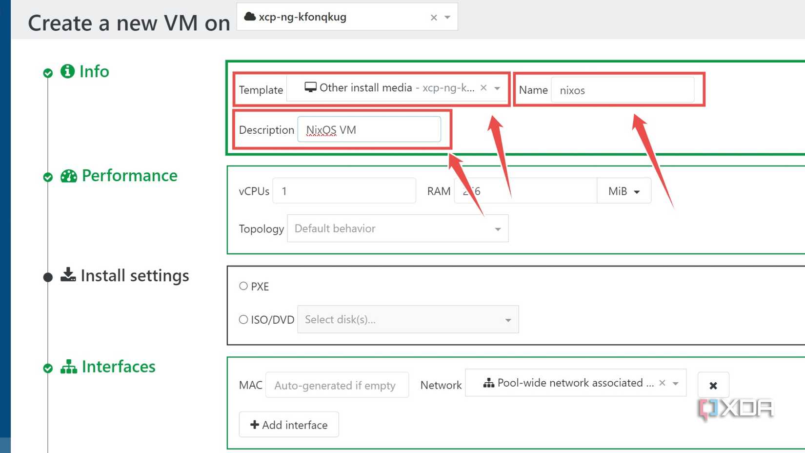 Choosing the template in XCP-ng