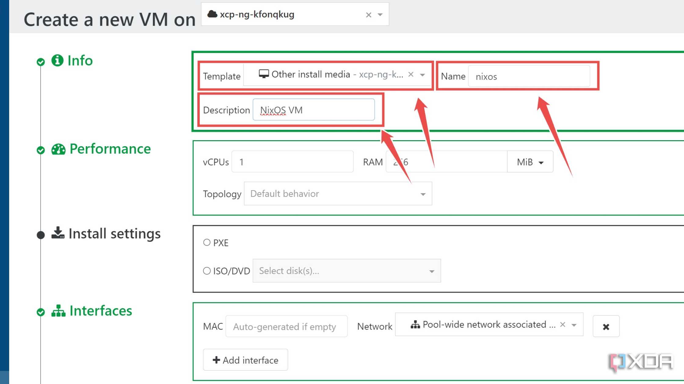 Choosing the template in XCP-ng