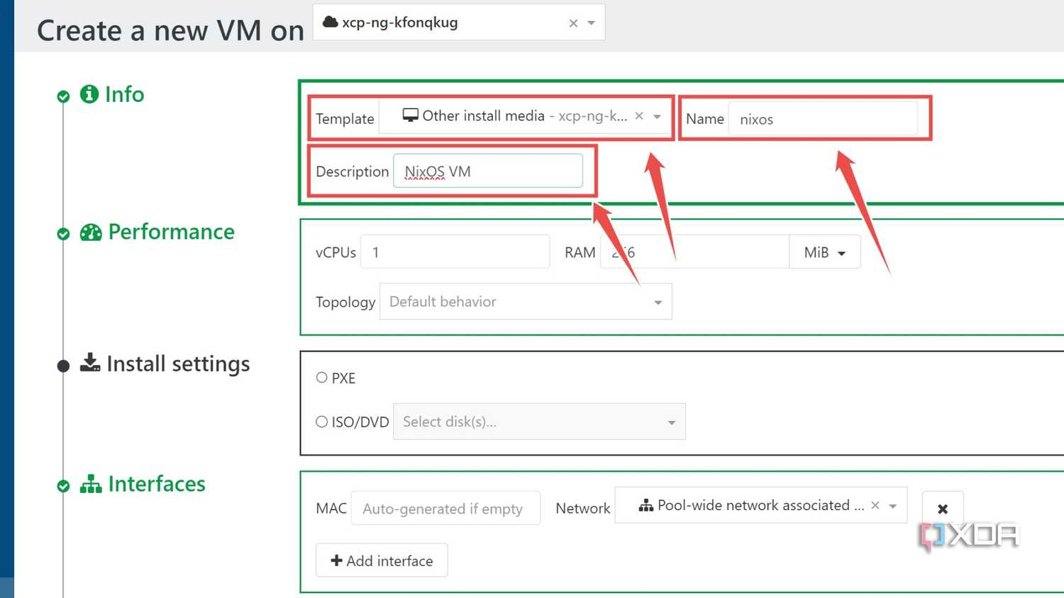 Choosing the template in XCP-ng