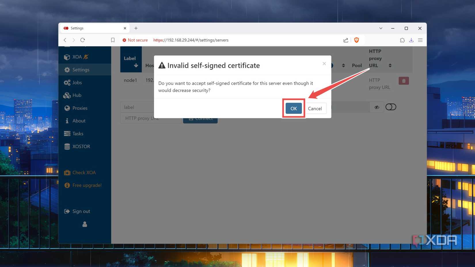 Accepting a self-signed certificate on the XCP-ng web UI