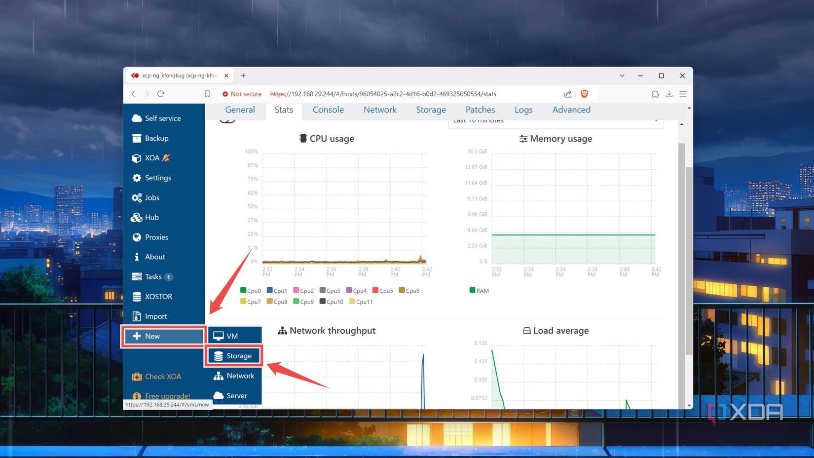 Heading to the Storage tab inside the New page of the XCP-ng web UI