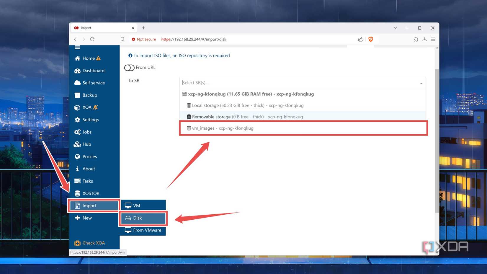 Choosing the Storage disk inside the XCP-ng web UI