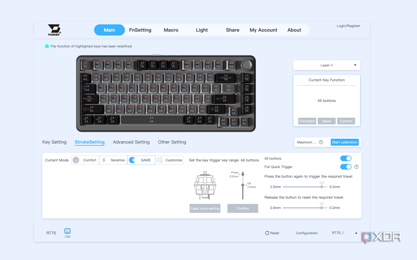 A screenshot of the Yunzii web portal showing stroke setting.
