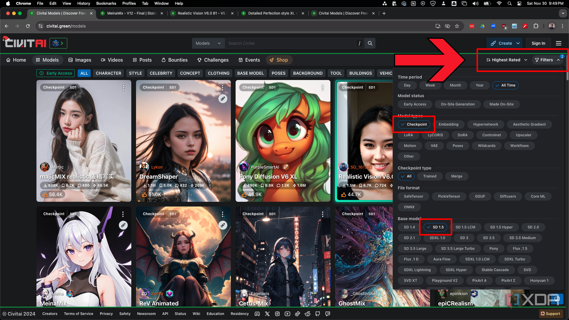 Use the Civitai search filters to sort for popular SD 1.5 checkpoints