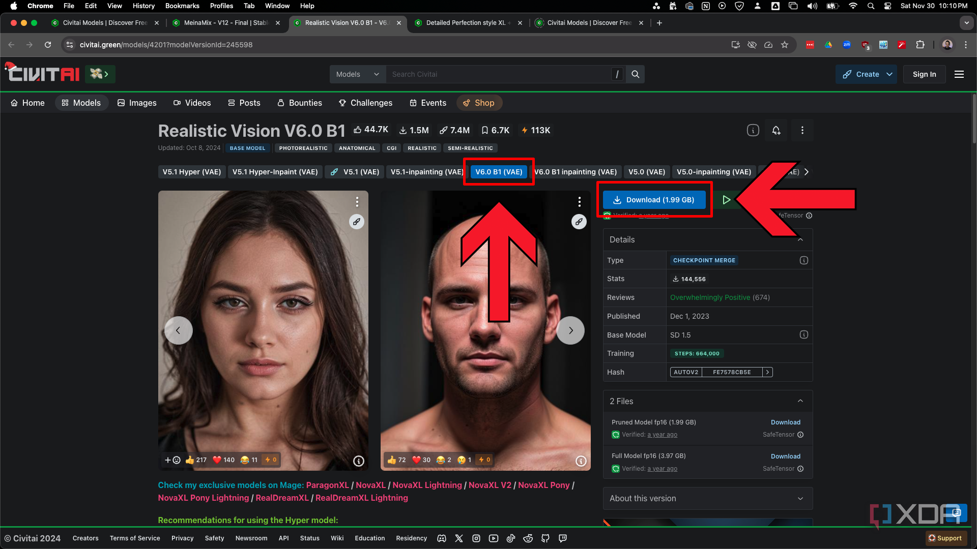 Download the Realistic Vision v6.0 B1 checkpoint on Civitai
