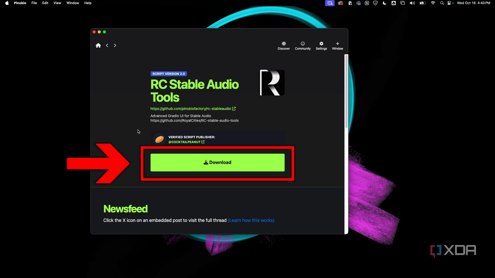 Click the download button on an apps page in Pinokio