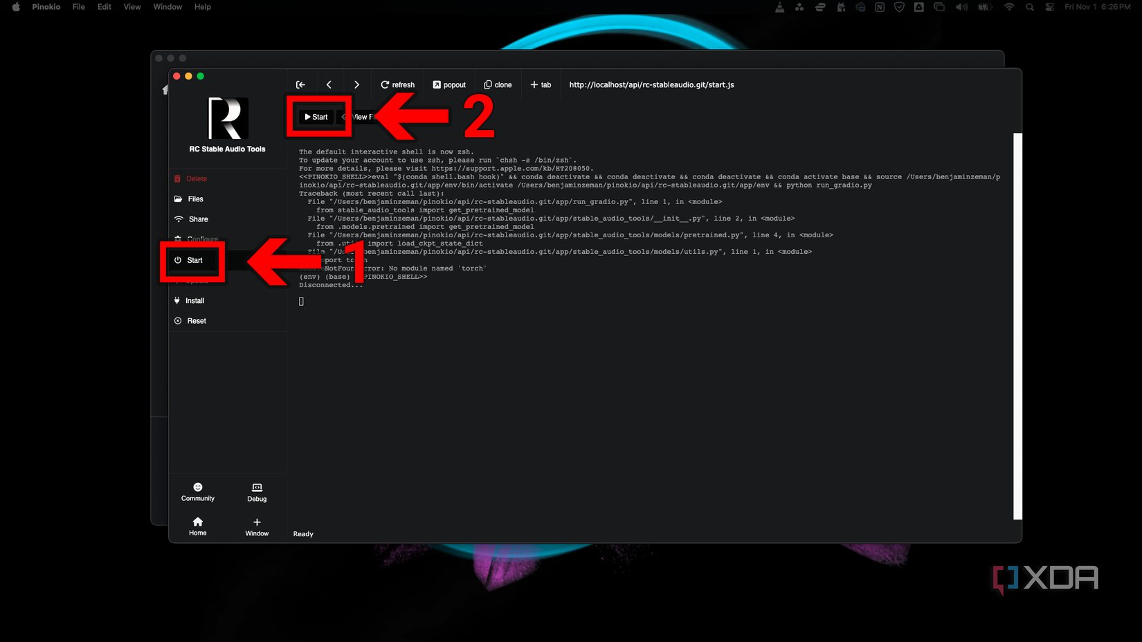 Start buttons first in the sidebar and then second at the top of the terminal in Pinokio