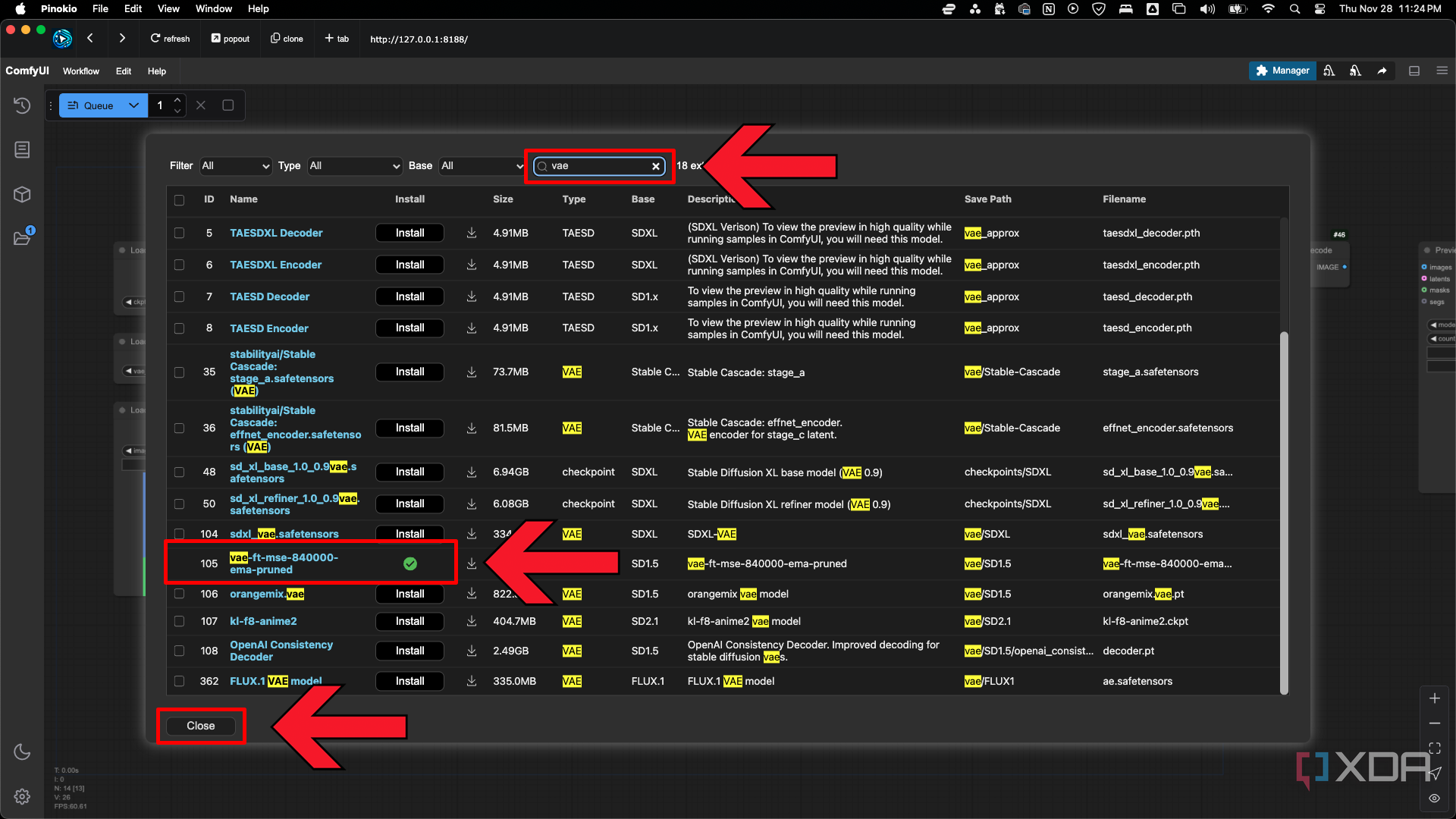Install the vae-ft-mse-840000-ema-pruned model in the ComfyUI Model Manger