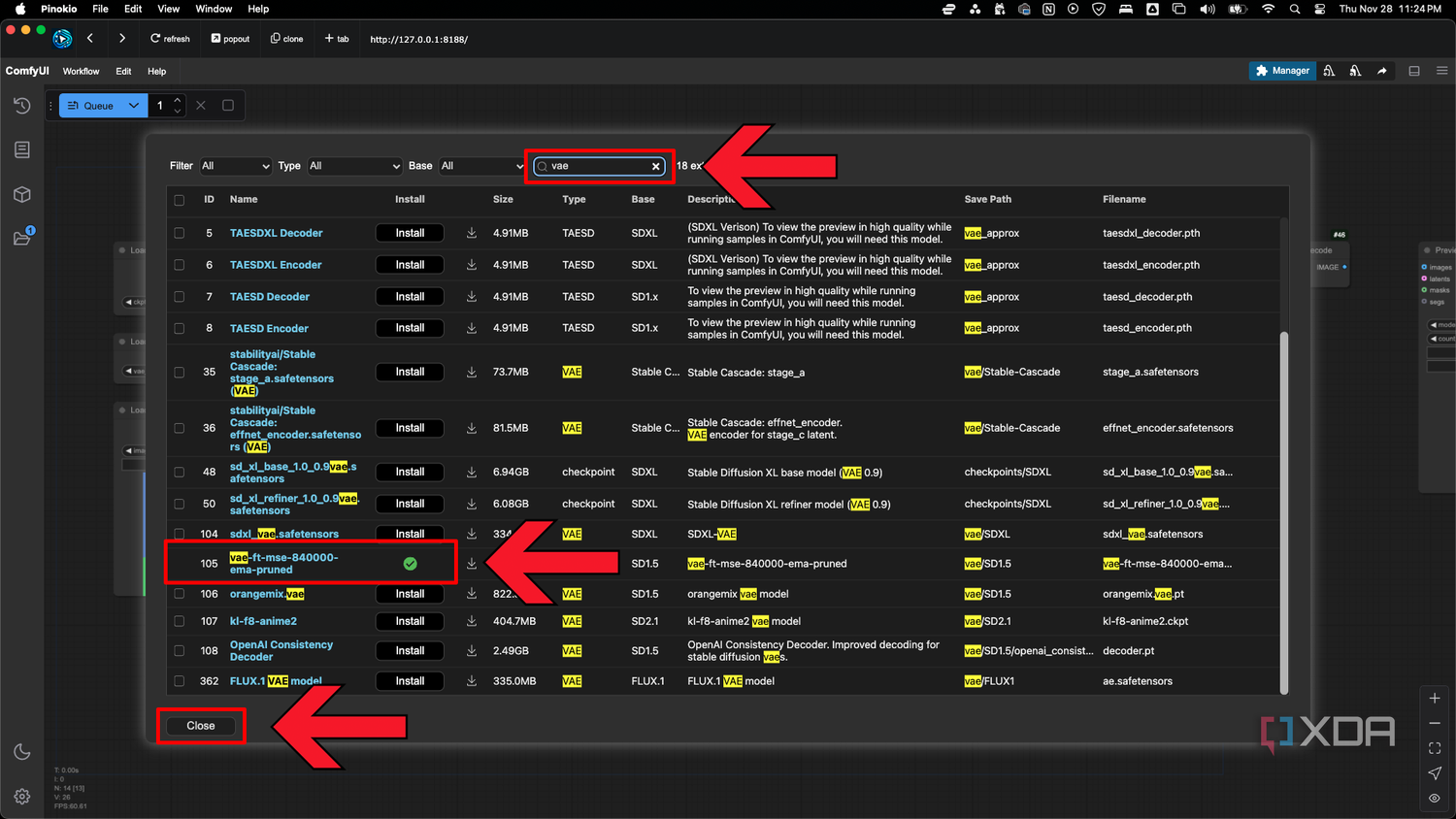 Install the vae-ft-mse-840000-ema-pruned model in the ComfyUI Model Manger