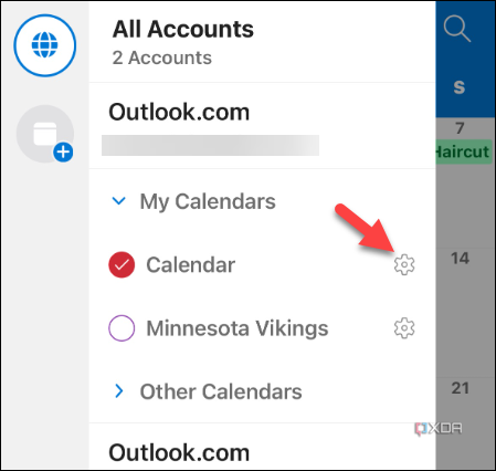 Screenshot of tapping the gear icon to choose contacts to share your Outlook calendar from the mobile app