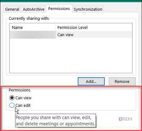 Screenshot showing select permissions for shared Outlook calendar
