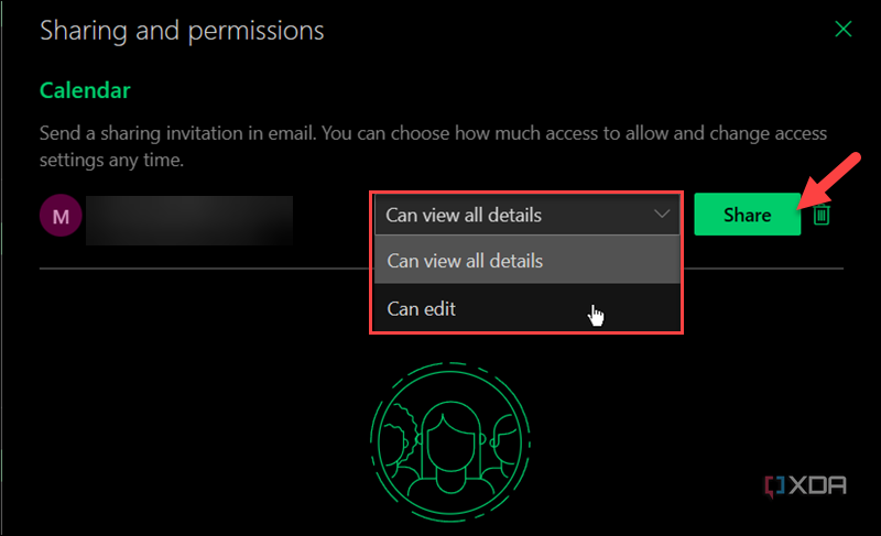 Screenshot showing how to select permissions for contacts you an Outlook calendar in the desktop app on Windows