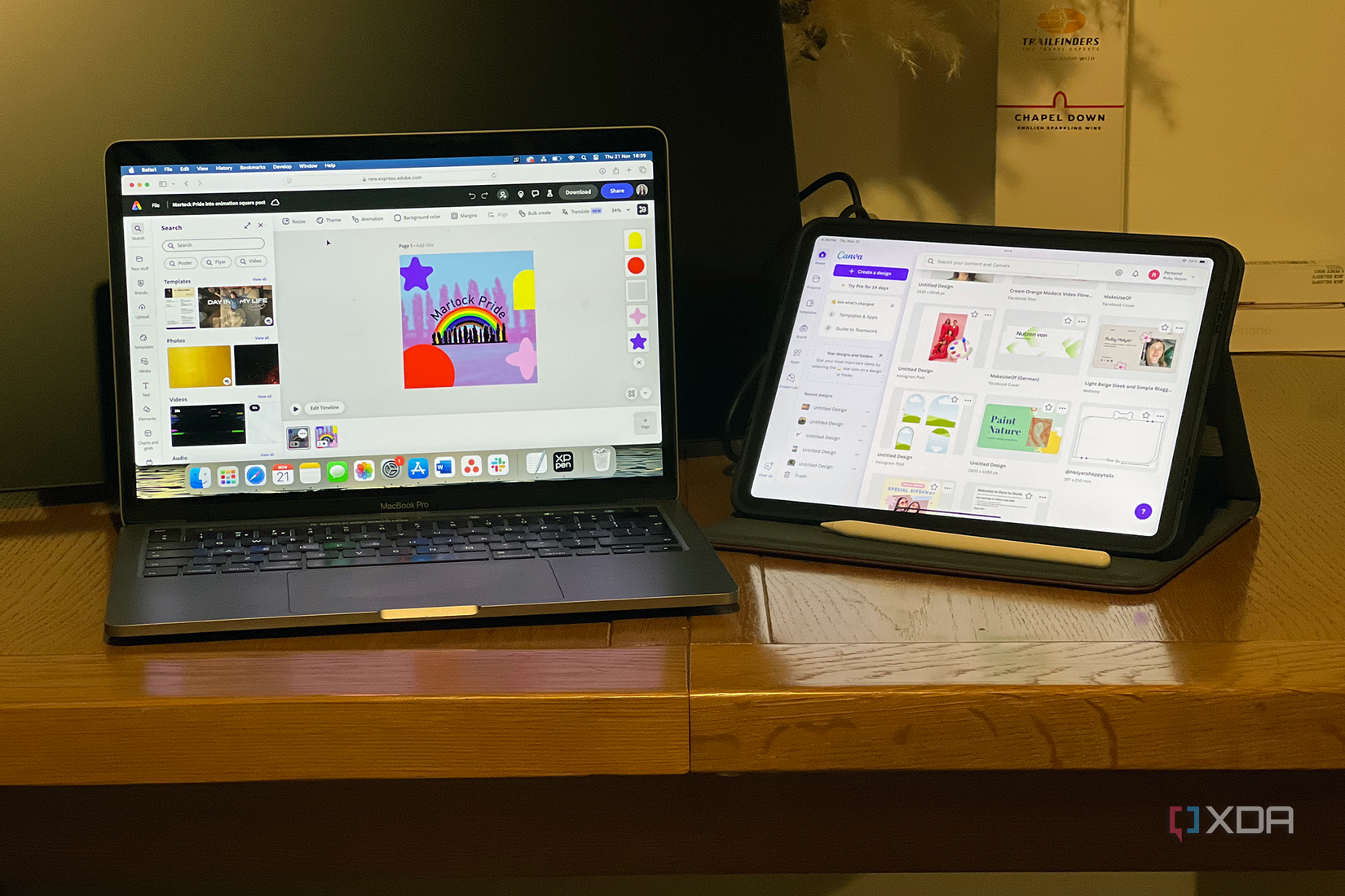 Adobe Express on a MacBook and Canva on an iPad both on a table