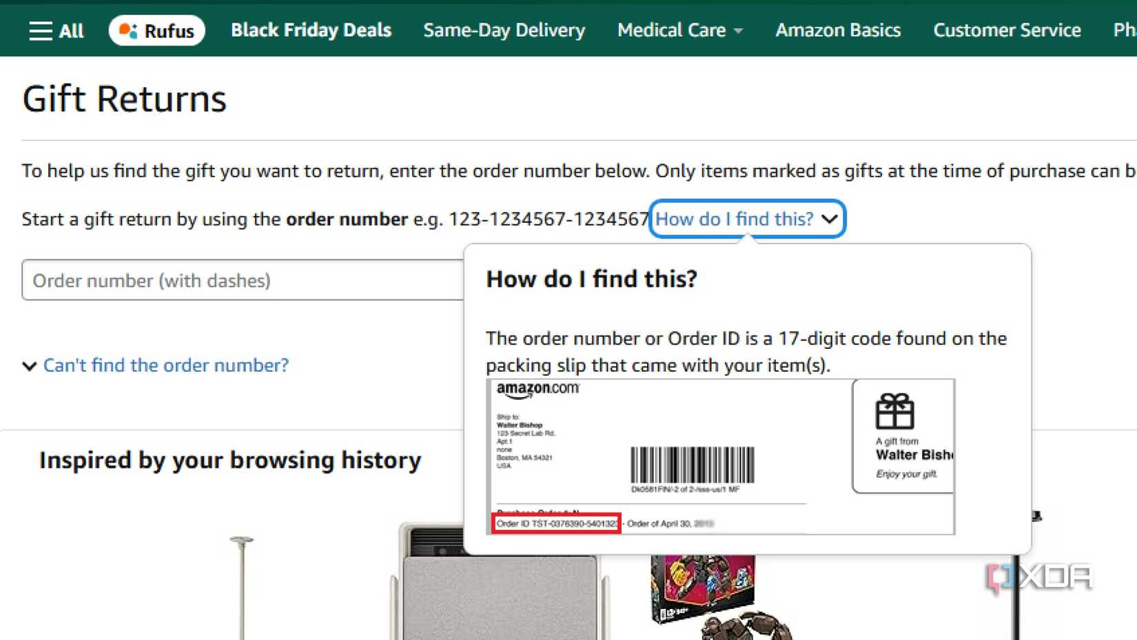screenshot of amazon gift return page