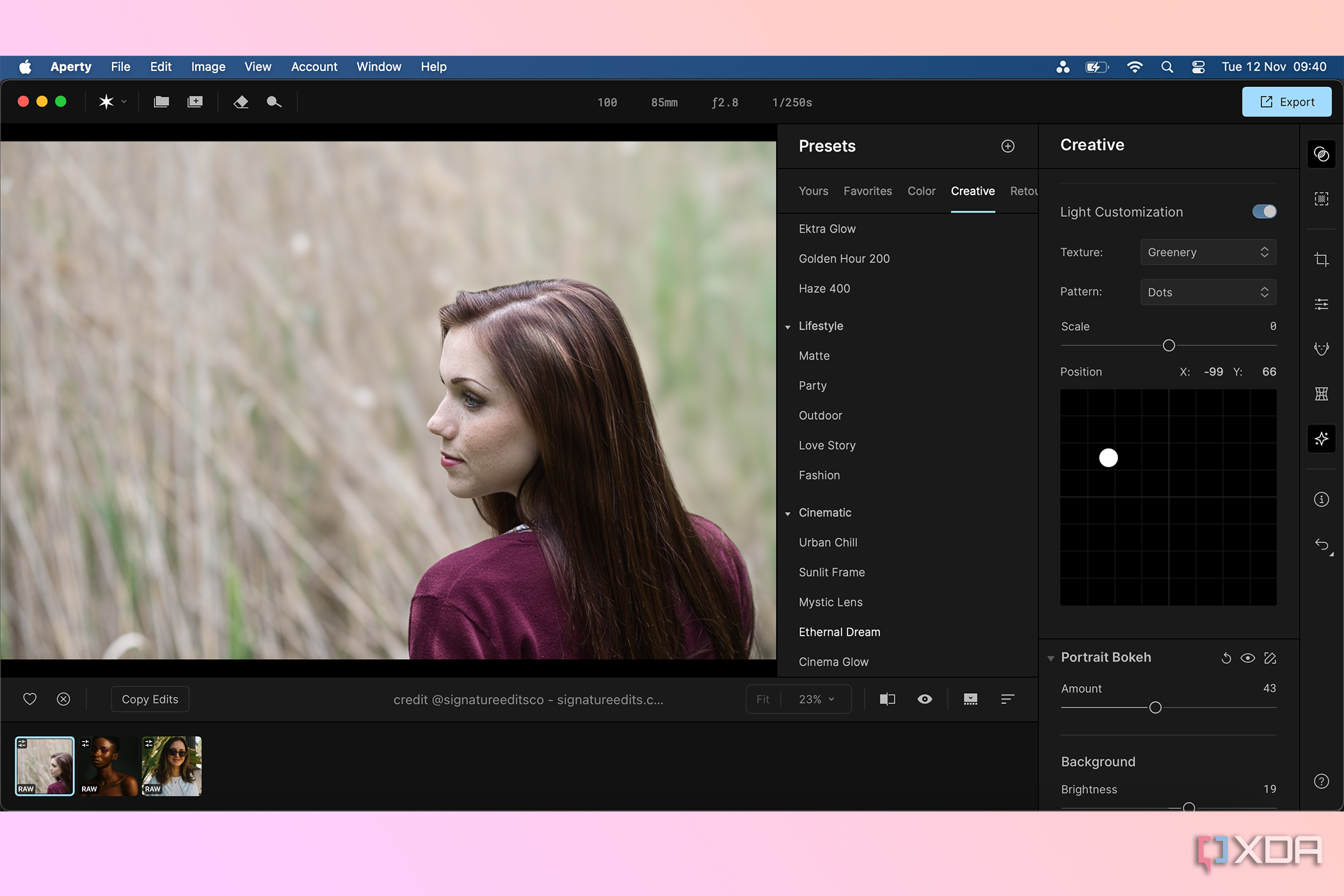 Creative light editing tools in Aperty portrait editor
