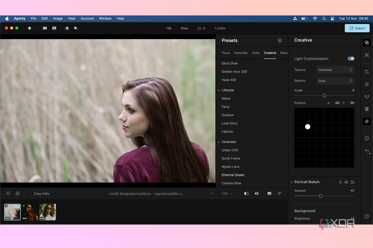 Creative light editing tools in Aperty portrait editor