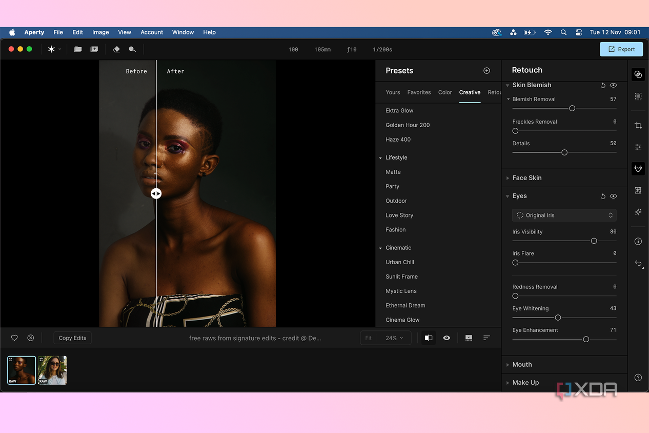 Aperty photo portrait editor with before and after