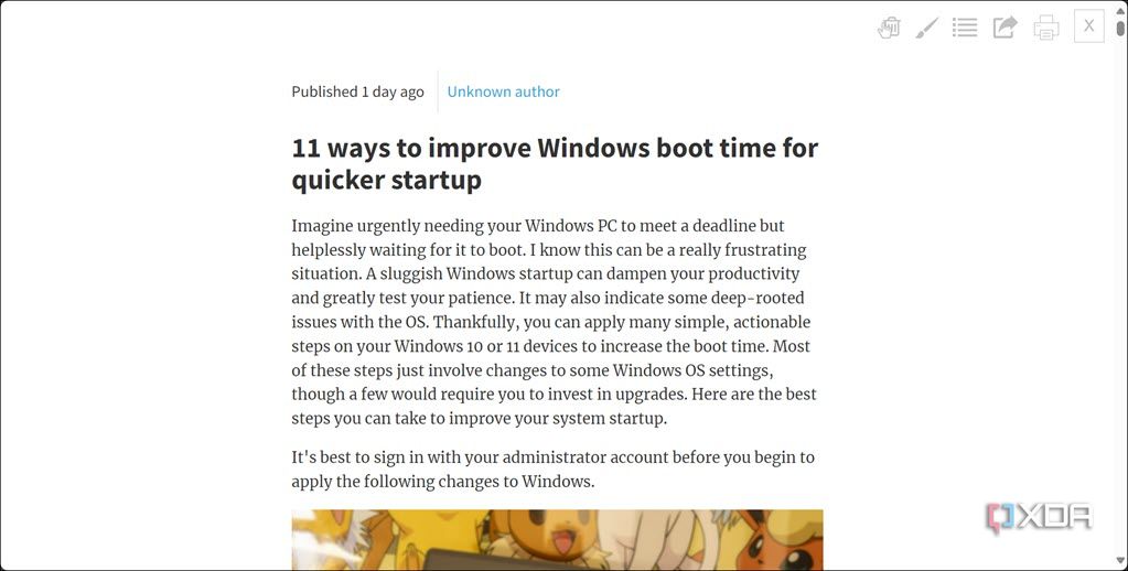 Article after enabling the Just Read webpage