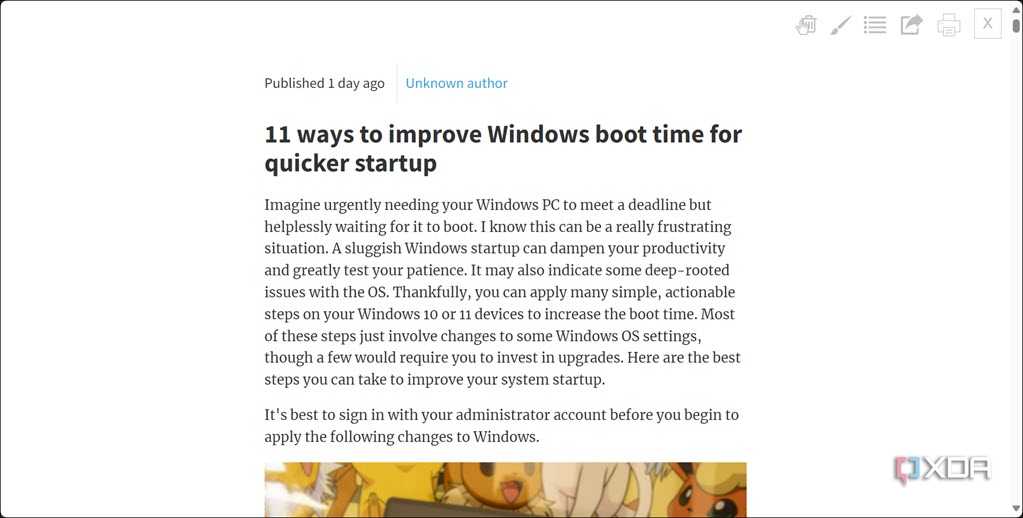 Article after enabling the Just Read webpage