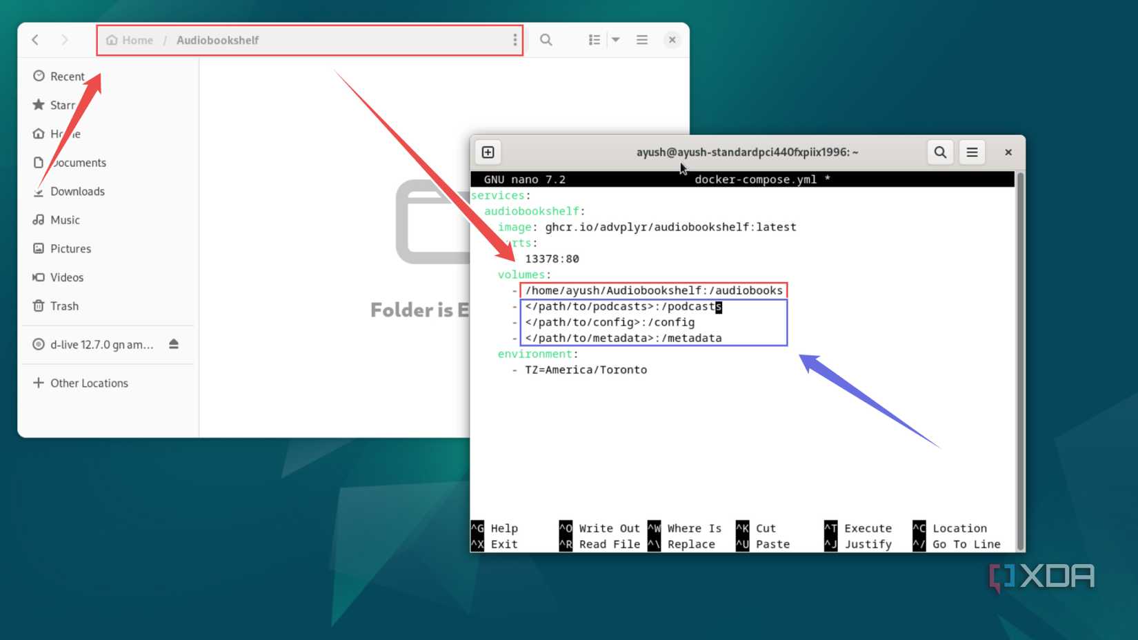 Pasting the Audiobookshelf folder locations in the docker-compose.yml file