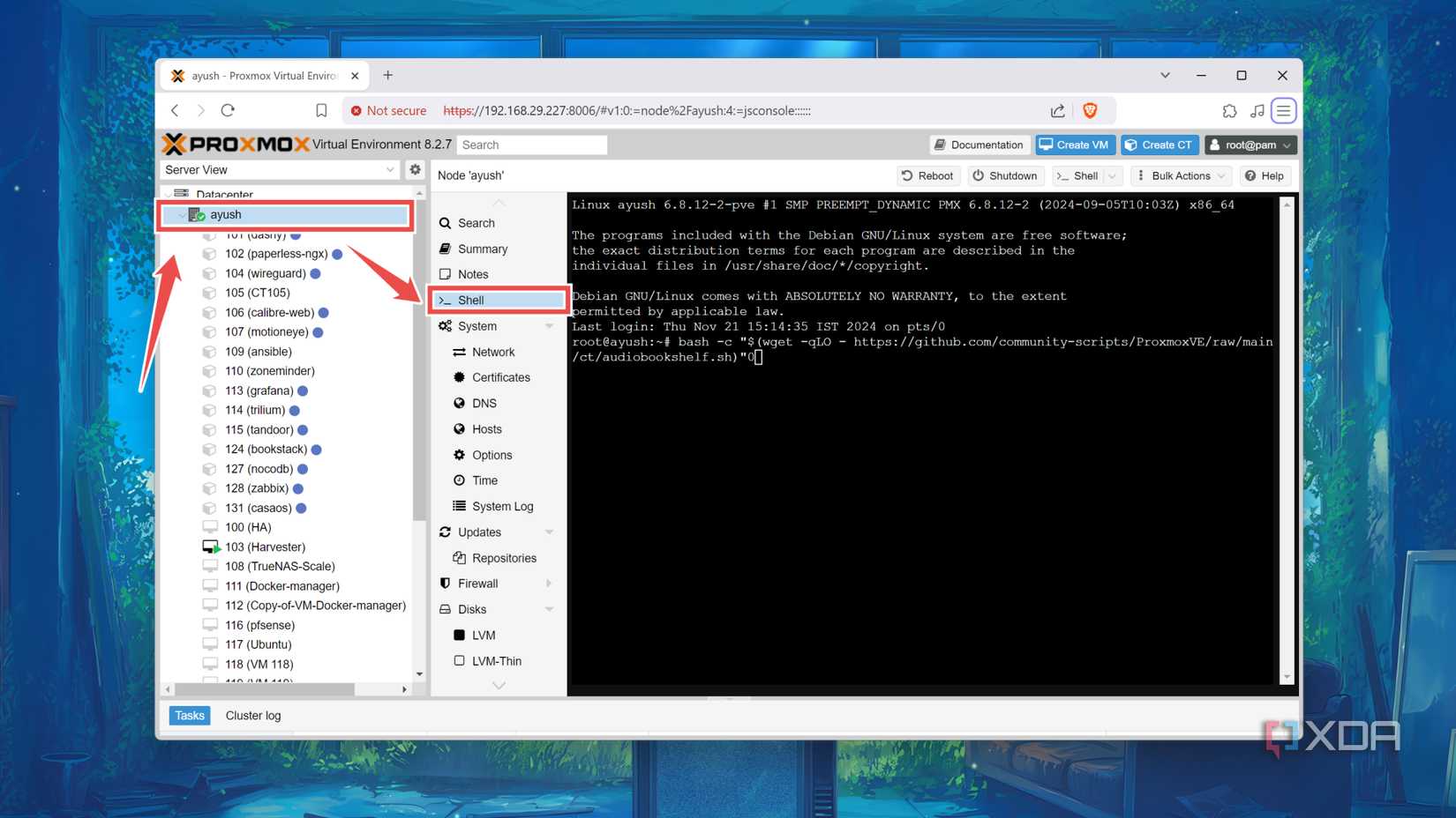 Accessing the Shell tab in Proxmox