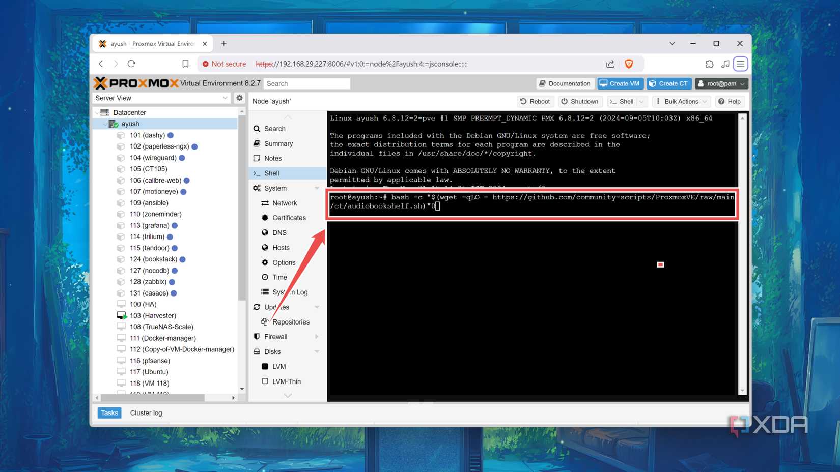 Entering the command to deploy the Audiobookshelf LXC container