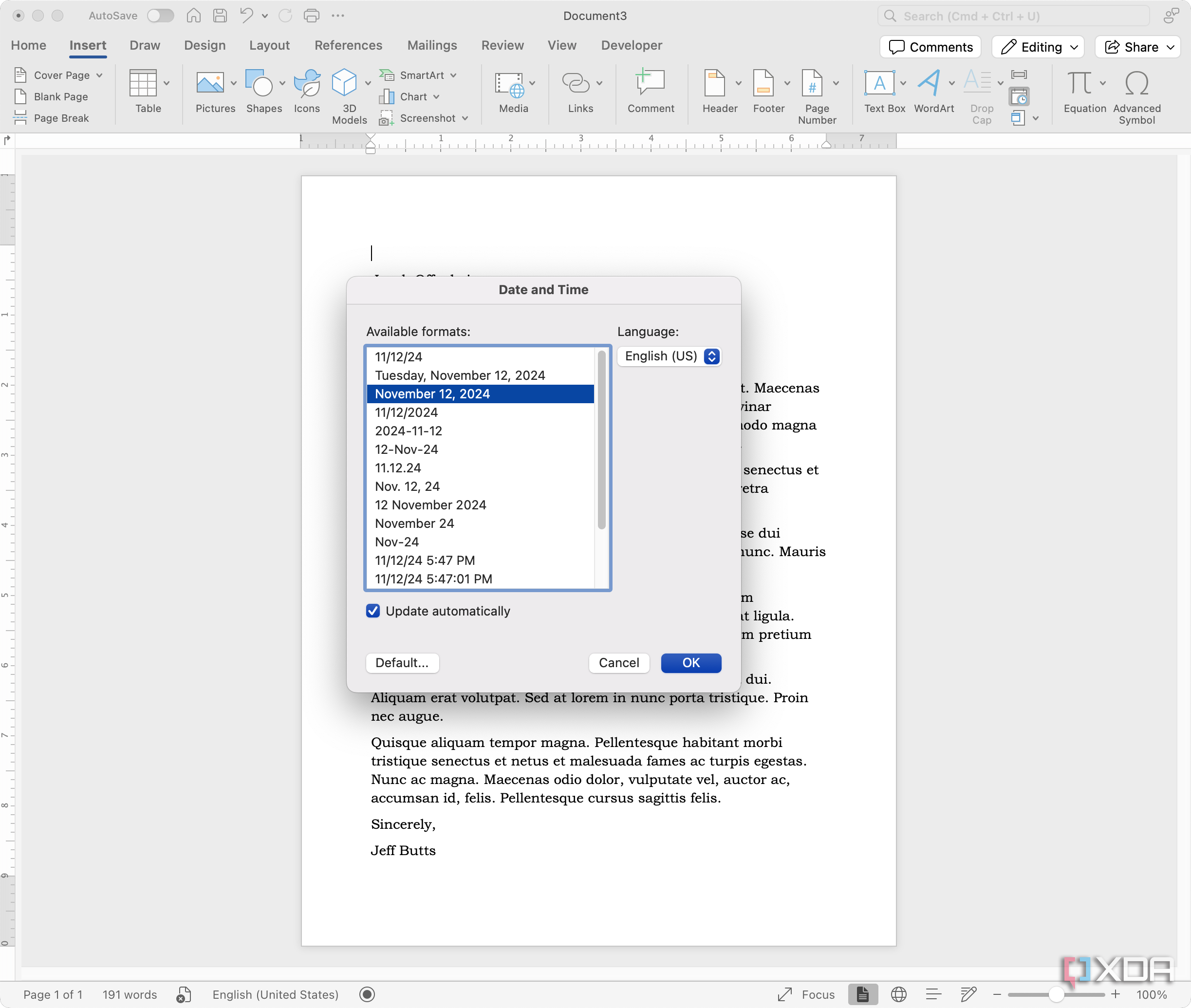 Choosing the date and time format