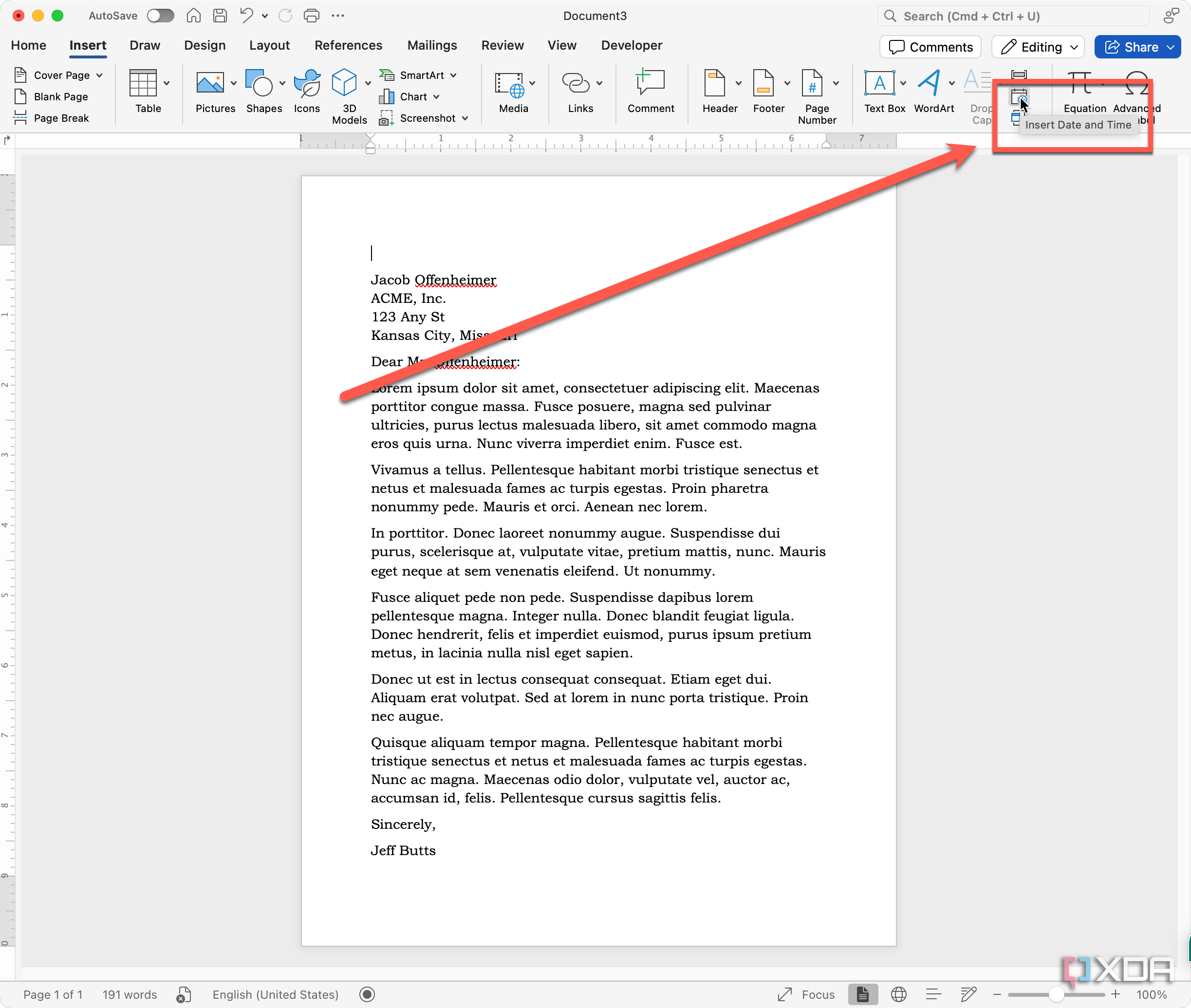 Selecting the Insert Date and Time option