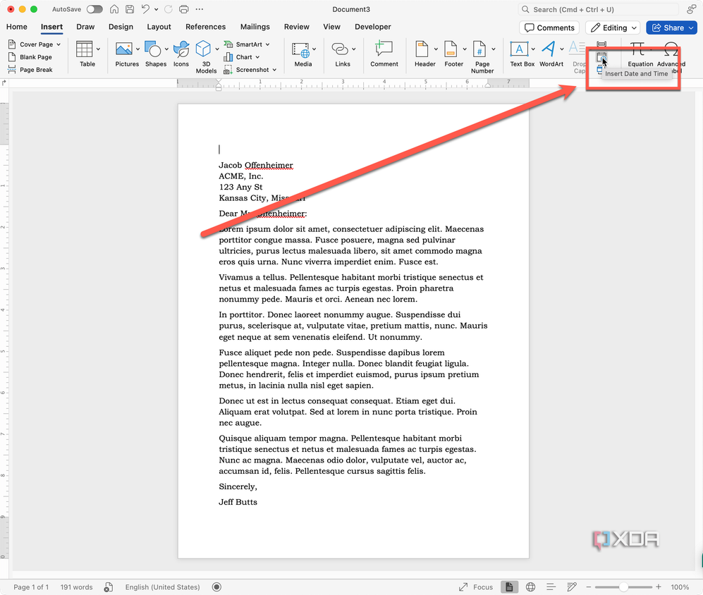Selecting the Insert Date and Time option