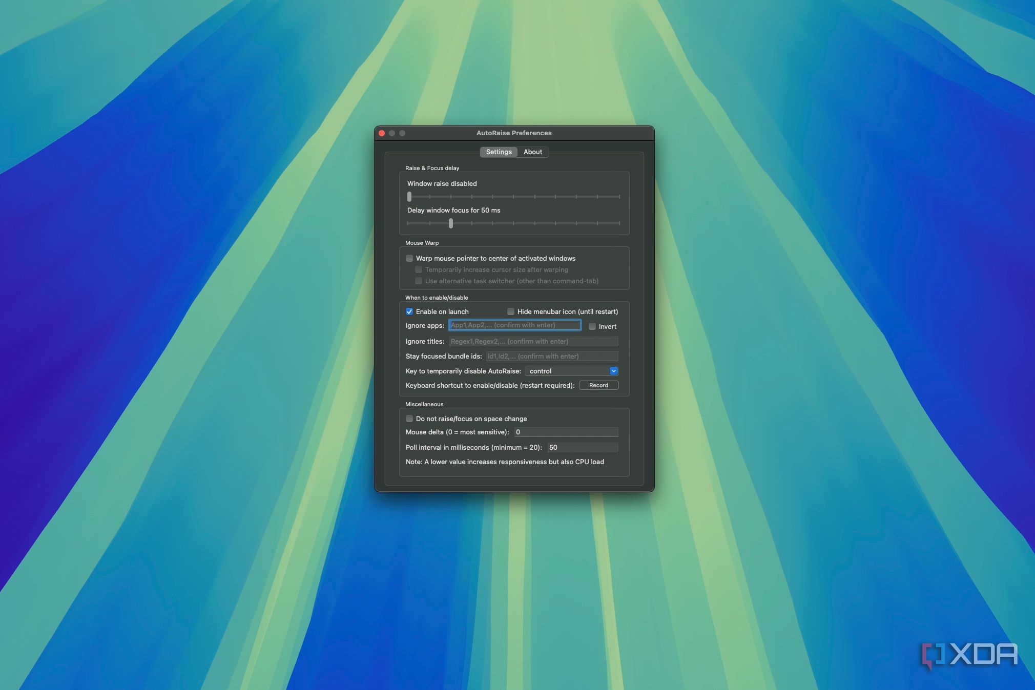 Screenshot of the AutoRaise settings window on macOS