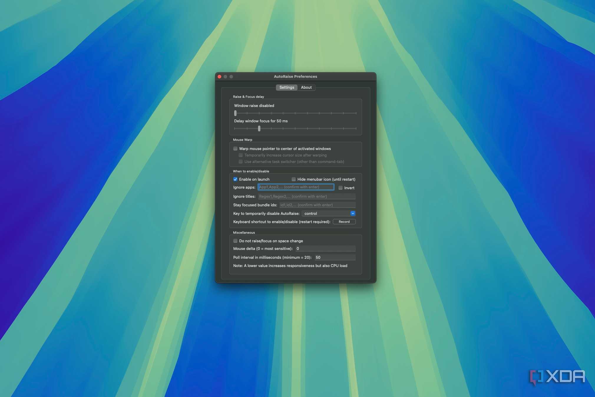 Screenshot of the AutoRaise settings window on macOS