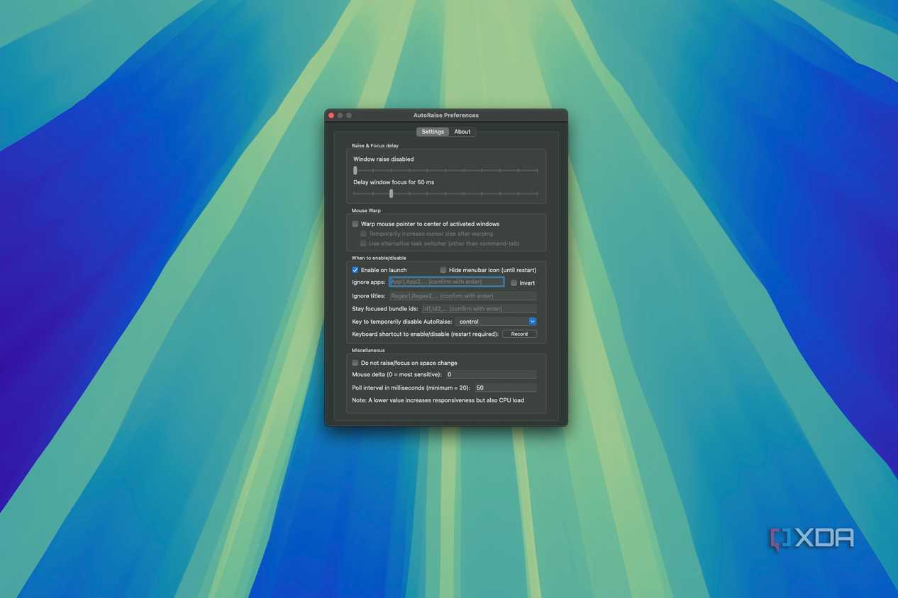 Screenshot of the AutoRaise settings window on macOS