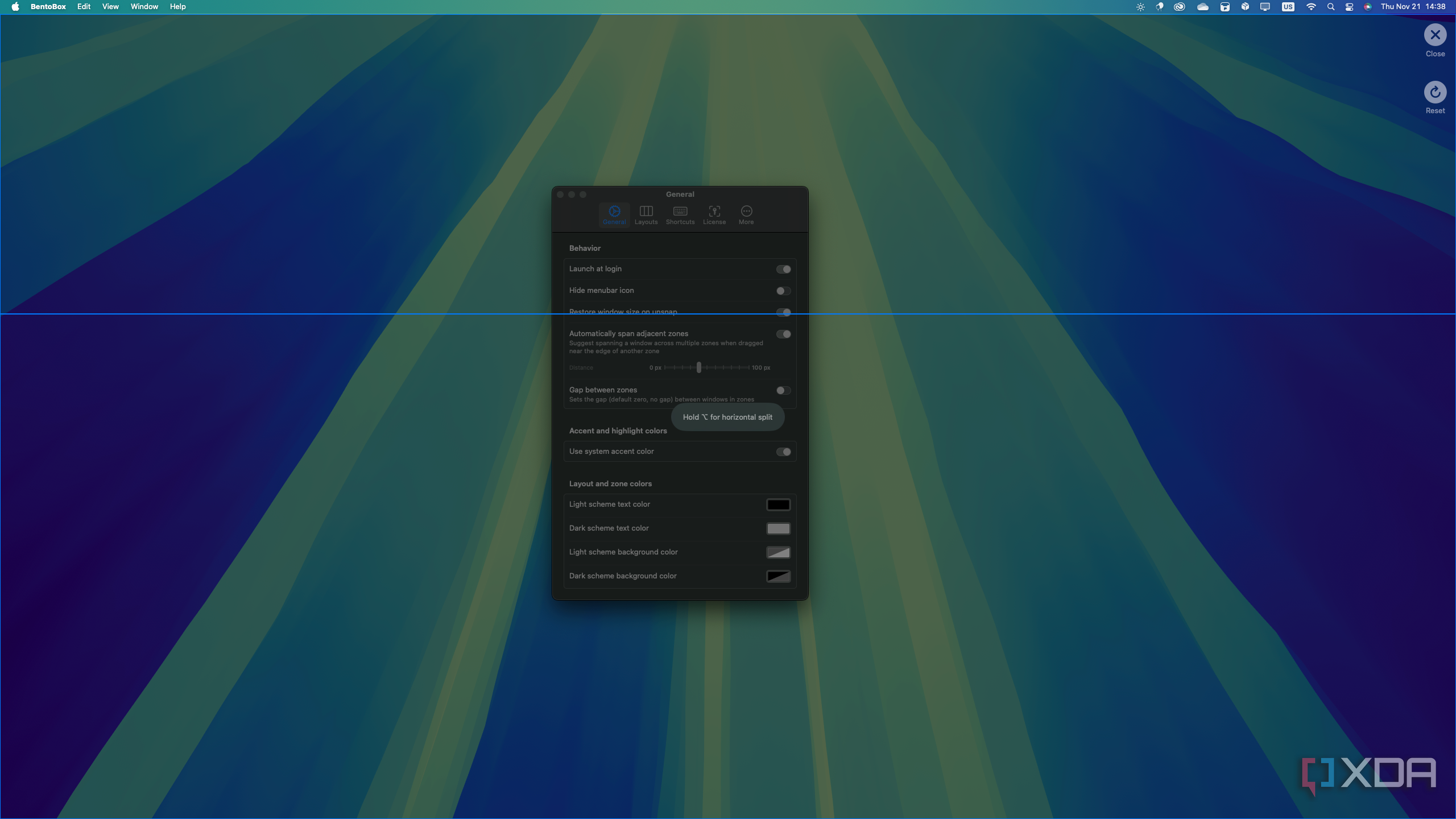 Screenshot of the layout editor in BentoBox with the settings window open in the background