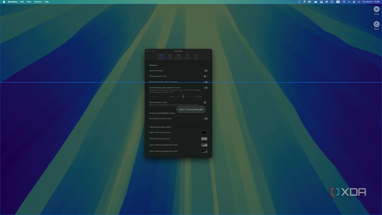 Screenshot of the layout editor in BentoBox with the settings window open in the background