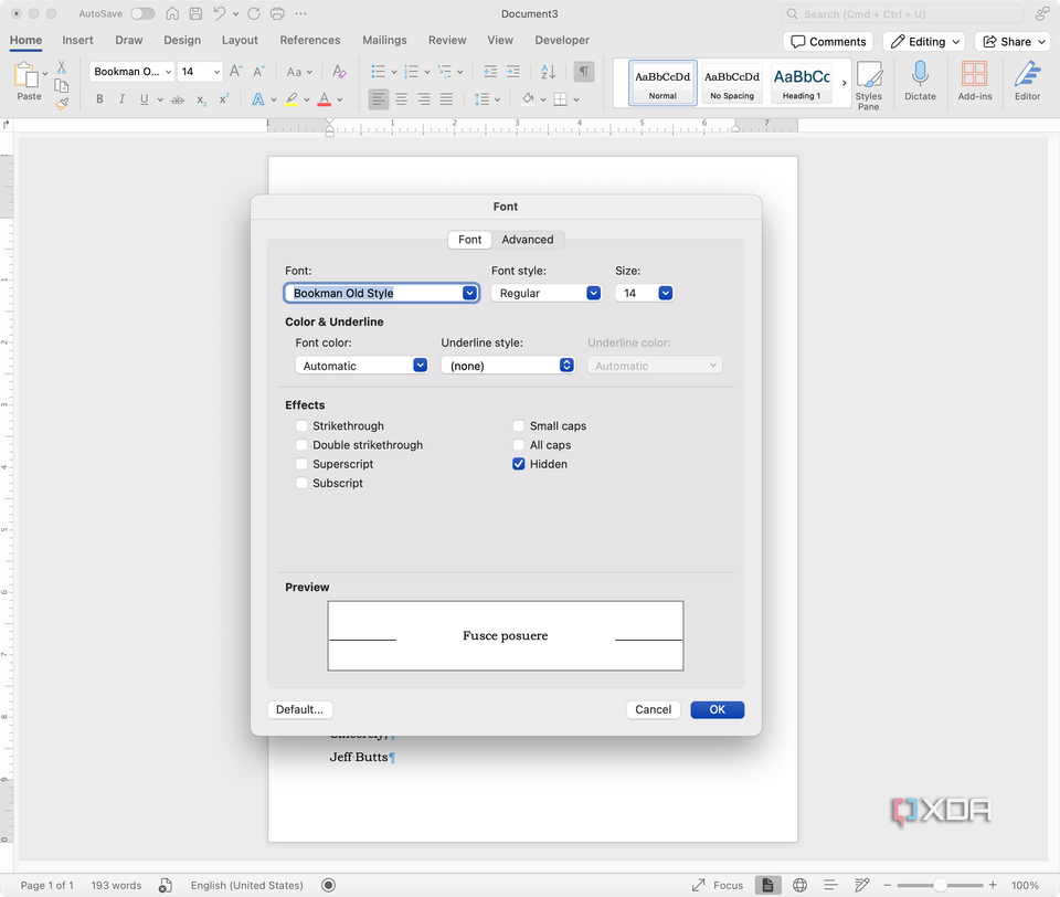 Choose Hidden in font dialog