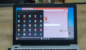 A laptop running ChromeOS Flex with a Chrome browser window open and the app launcher also visible