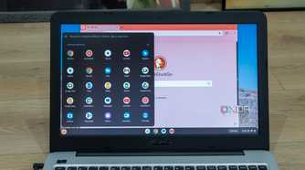 A laptop running ChromeOS Flex with a Chrome browser window open and the app launcher also visible